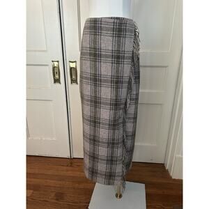 Vintage Laura Ashley Wool Plaid Fringe Maxi Skirt Womens Size 12 Gray Tartan